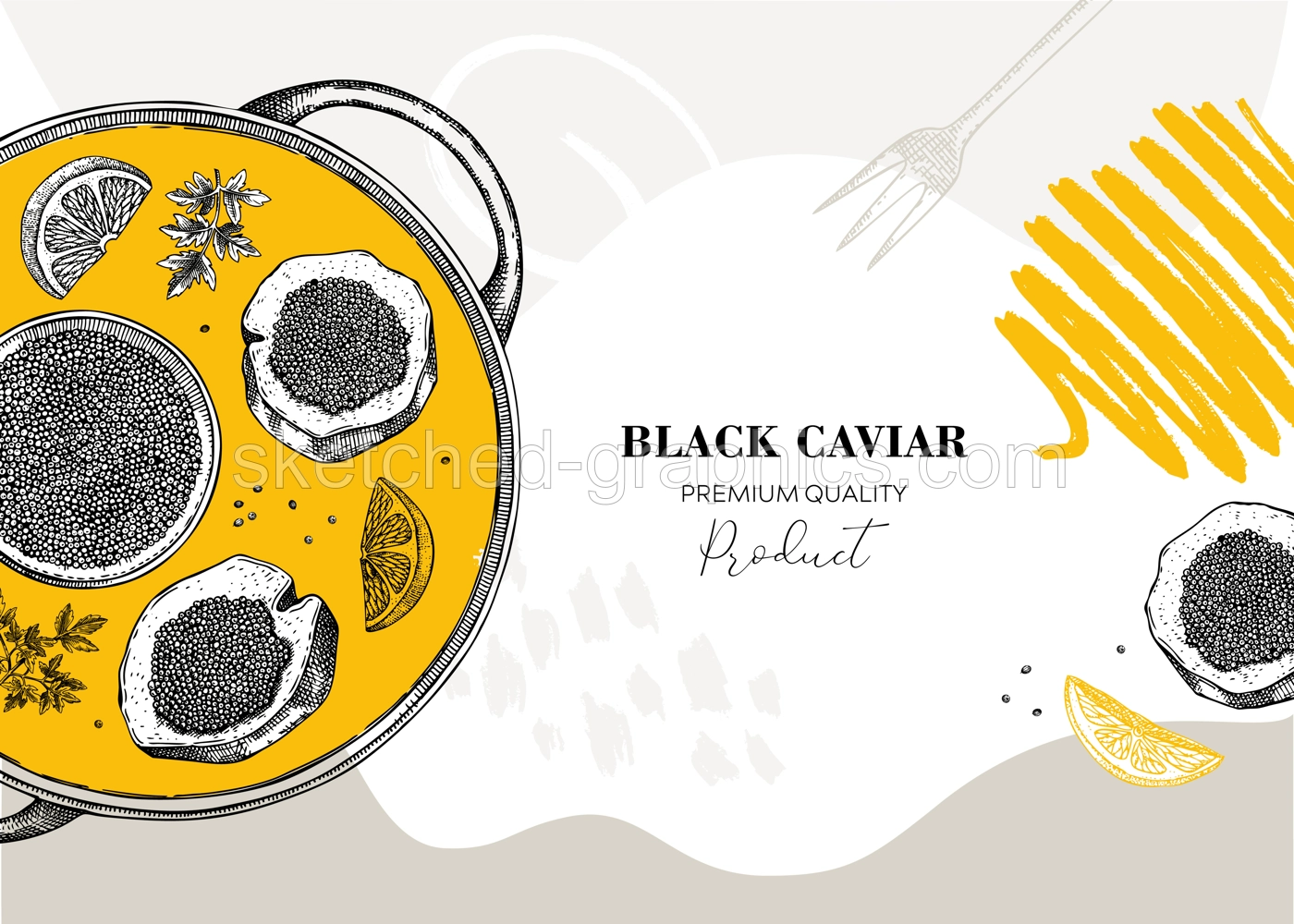 Seafood delicacy banner in collage style for restaurant menu design. Hand-drawn tray with canned caviar, black caviar canape, lemons and spices illustrations. Finger food sketched background Illustration